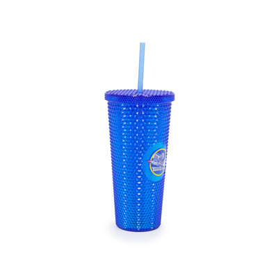 Bicchiere con Cannuccia Blue Tornado colore blu brillante con logo dell'attrazione, visione con prospettiva laterale