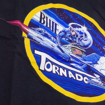 T-Shirt Blue Tornado fotografia dettaglio della stampa con zoom