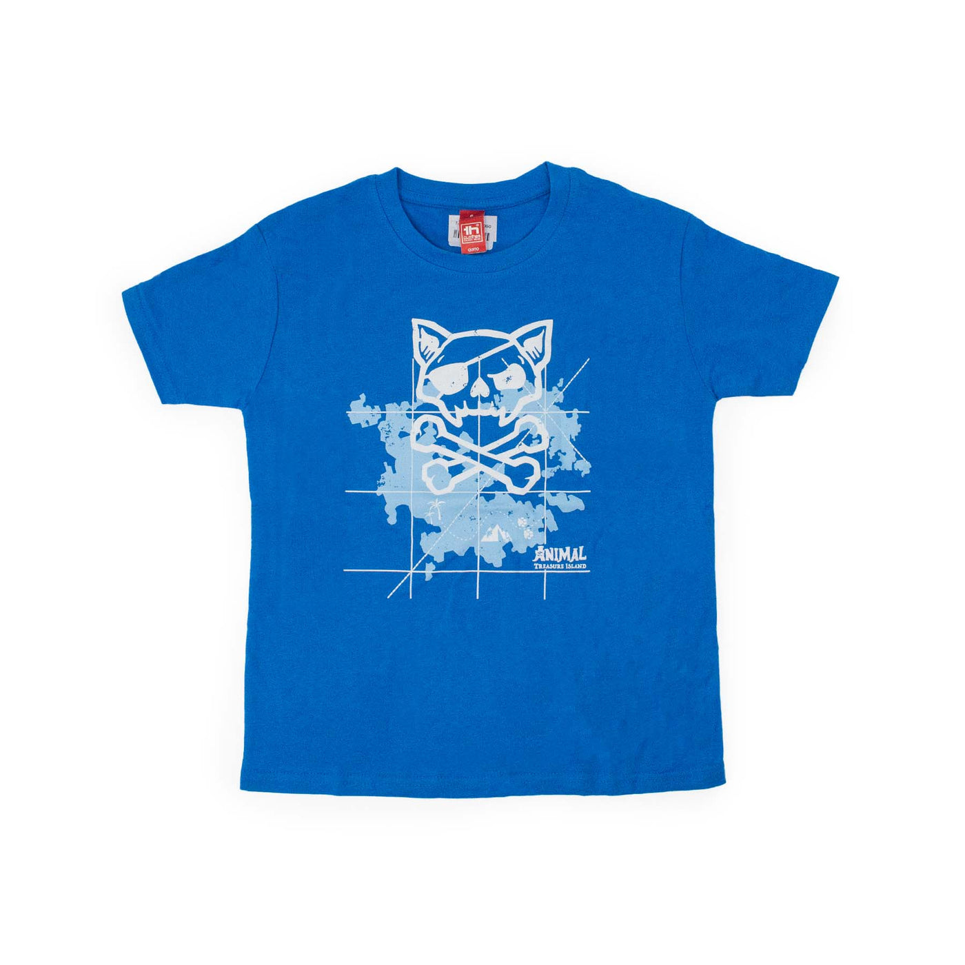 T-Shirt Animal Treasure Island colore azzurro con stampa bianca del lgoo dell'attrazione, visione frontale