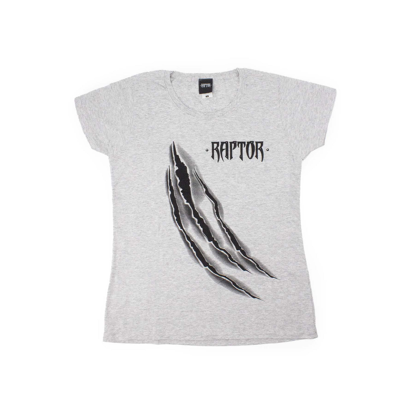T-Shirt Raptor colore girgio chiaro con stampa nera squarcio, visione frontale