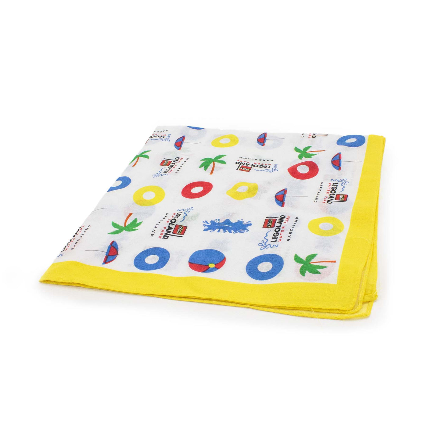 Bandana LEGOLAND Water Park GARDALAND colore bianco e giallo con stampa illustrata, visione con prospettiva laterale