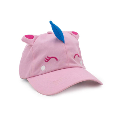 Cappello LEGOLAND Unicorno colore rosa con corno azzurro e occhi e orecchie ricamate, visione con prospettiva laterale
