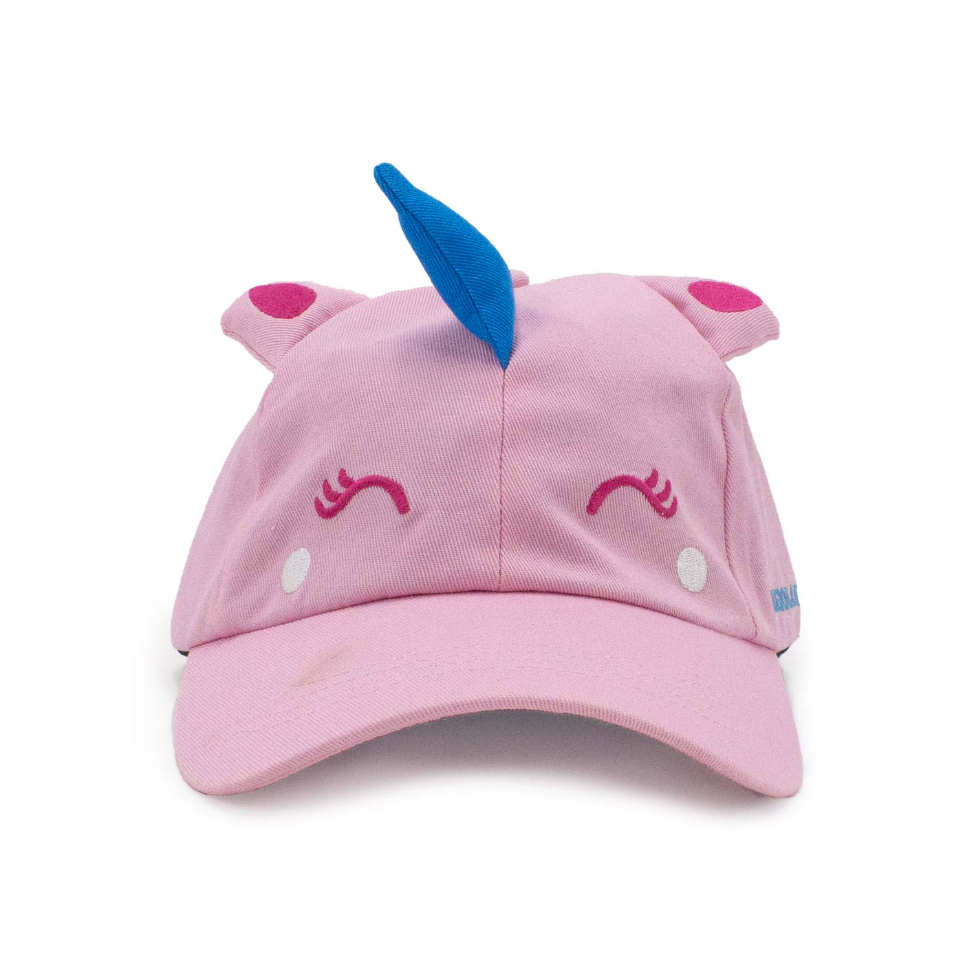 Cappello LEGOLAND Unicorno colore rosa con corno azzurro e occhi e orecchie ricamate, visione con prospettiva frontale