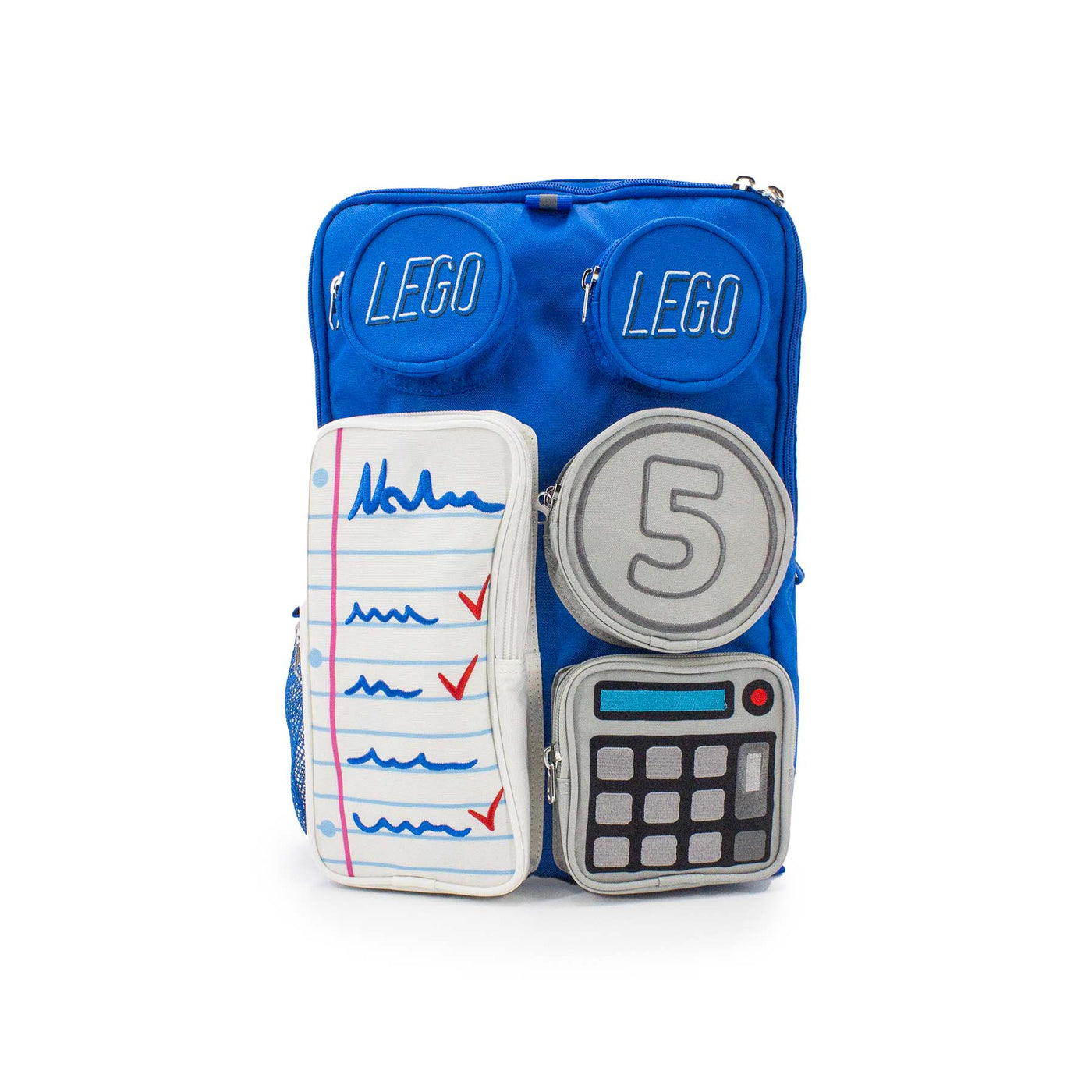Zaino squadrato blu LEGO a forma di mattoncino con tasche sagomate apribili e tasche laterali, visione frontale