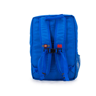Zaino squadrato blu LEGO a forma di mattoncino con tasche sagomate apribili e tasche laterali, visione retro