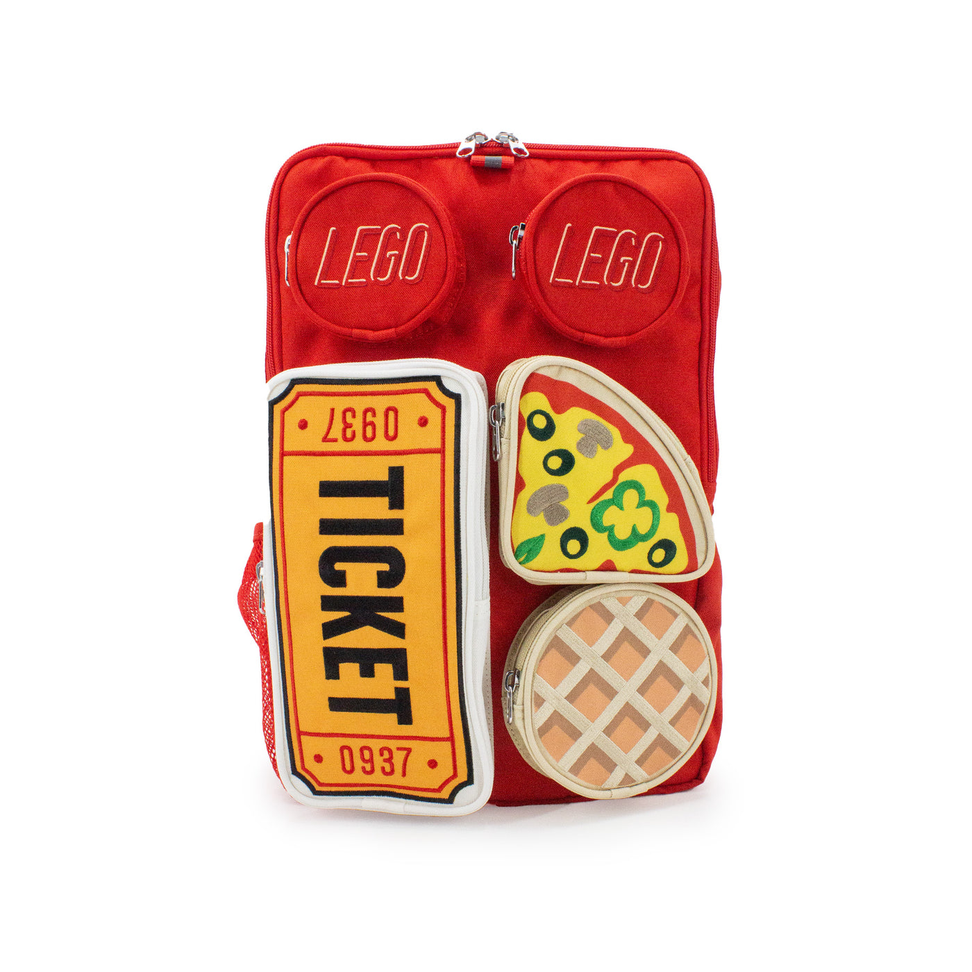 Zaino squadrato rosso LEGO a forma di mattoncino con tasche sagomate apribili e tasche laterali, visione frontale