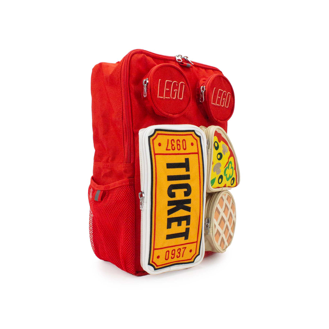 Zaino squadrato rosso LEGO a forma di mattoncino con tasche sagomate apribili e tasche laterali, visione con prospettiva laterale