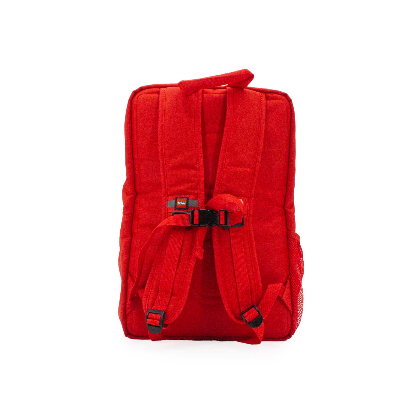 Zaino squadrato rosso LEGO a forma di mattoncino con tasche sagomate apribili e tasche laterali, visione retro