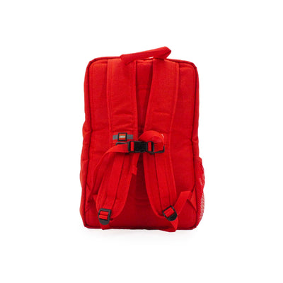 Zaino squadrato rosso LEGO a forma di mattoncino con tasche sagomate apribili e tasche laterali, visione retro