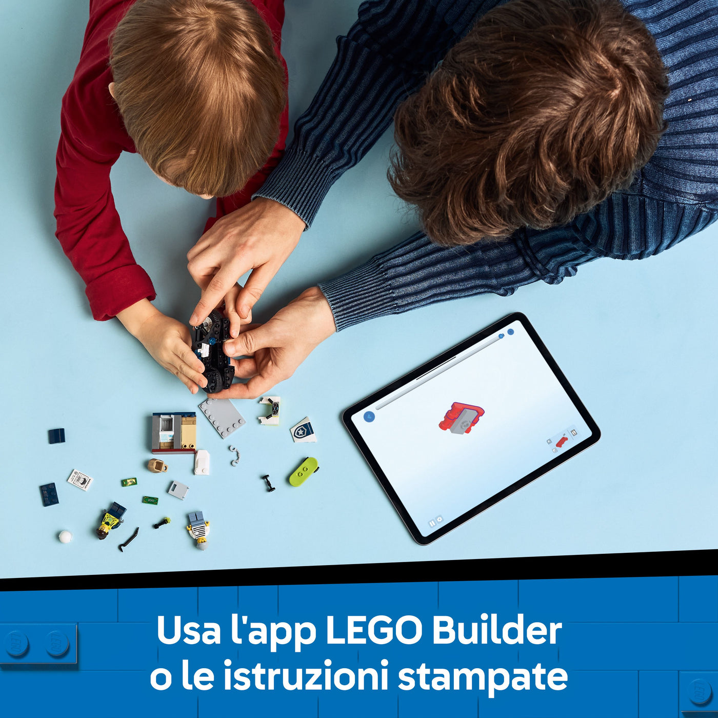 Inseguimento della moto della Polizia fotografia dall'alto del set lego in costruzione "Usa l'app LEGO Builder o le istruzioni stampate"