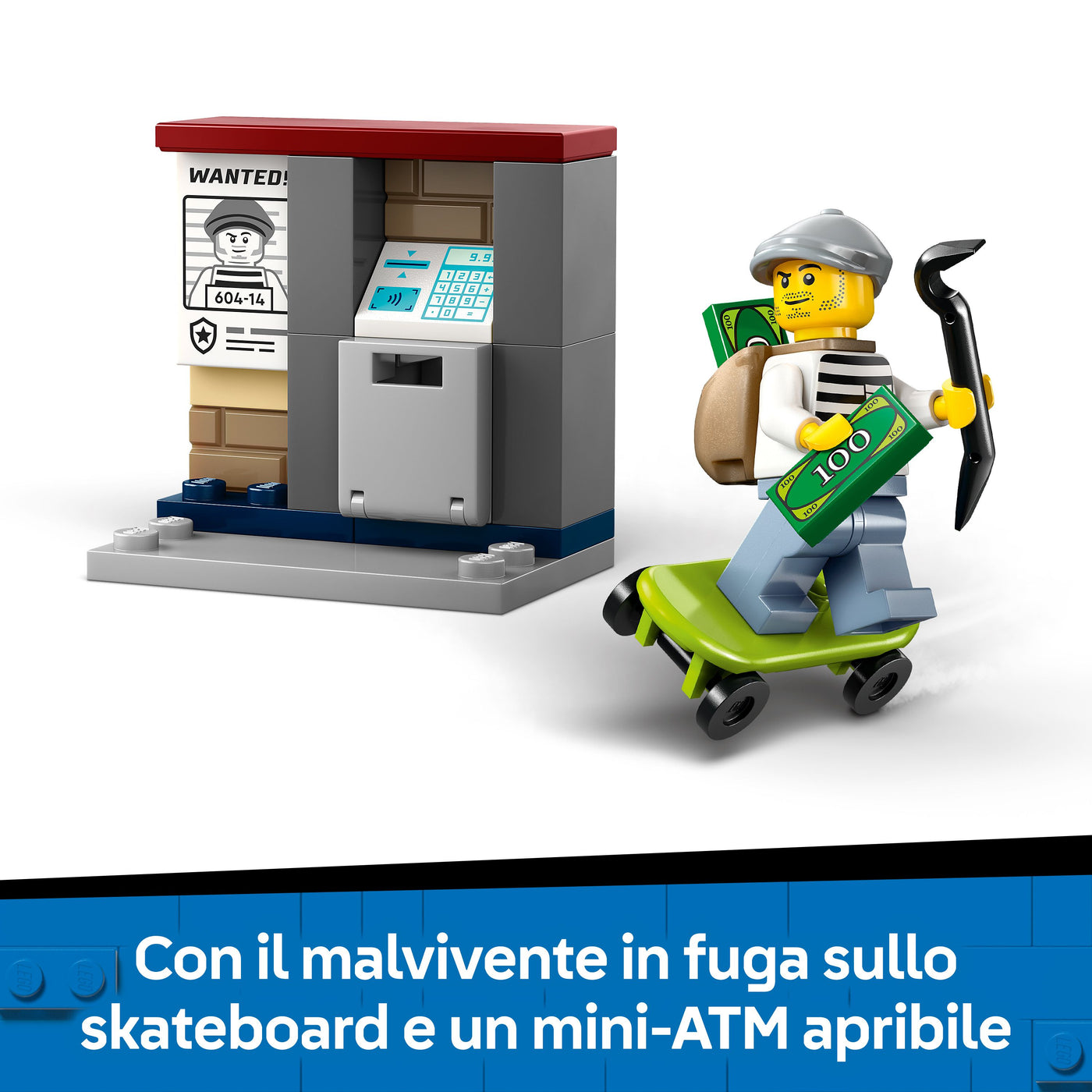 Inseguimento della moto della Polizia visione dettaglio minifigure malvivente e ATM apribile