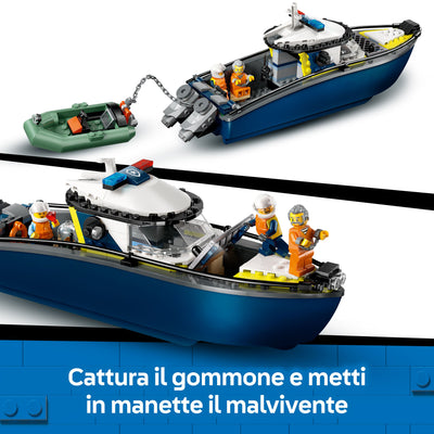 Inseguimento del motoscafo della Polizia visione del set lego con due diverse prospettive "Cattura il gommone e metti in manetti il malvivente