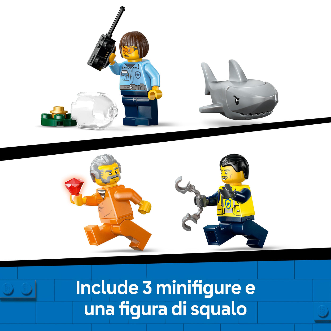 Inseguimento del motoscafo della Polizia visione dettaglio 3 minifigure incluse nel set lego