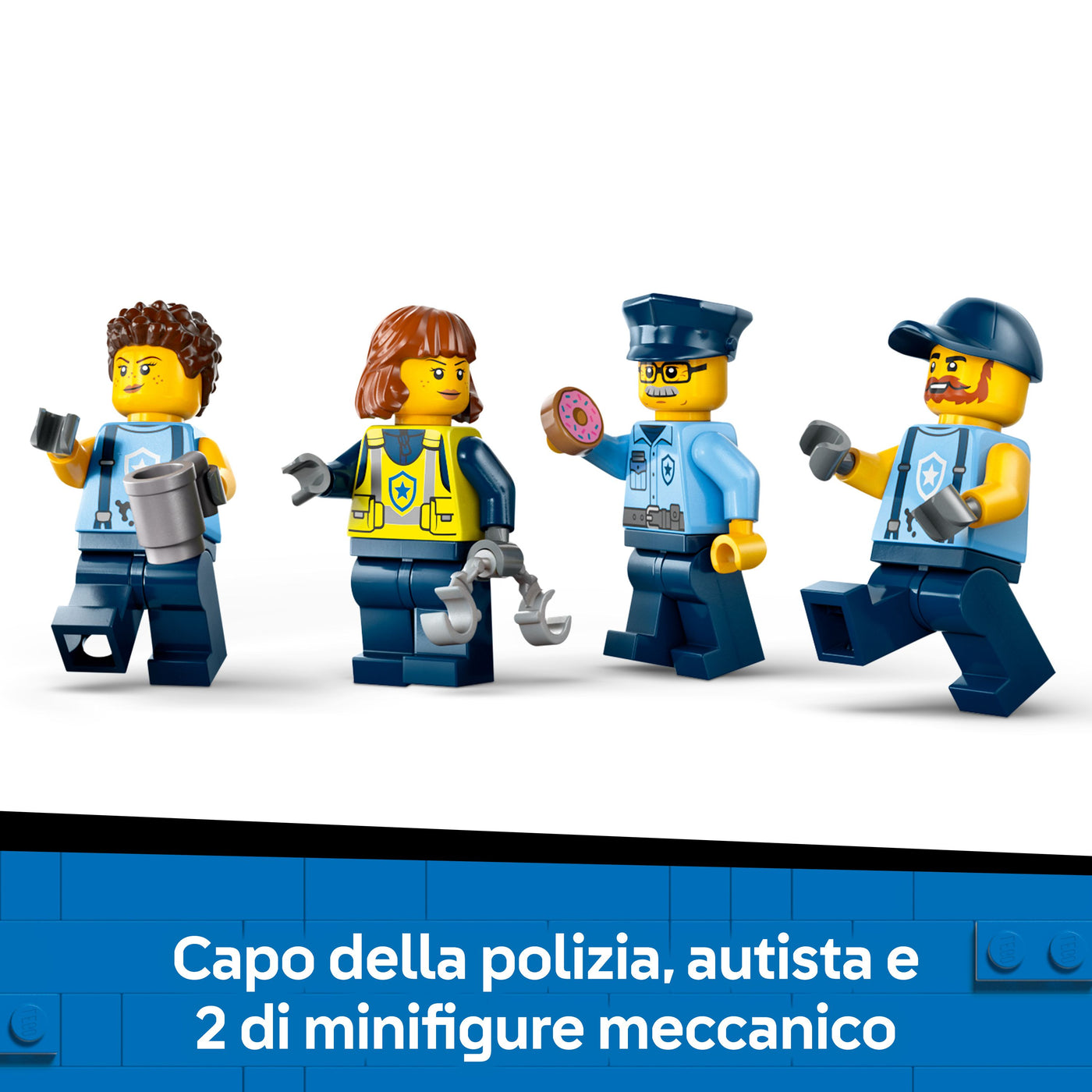 Officina delle auto della Polizia visione dettaglio minifigure incluse nel set lego