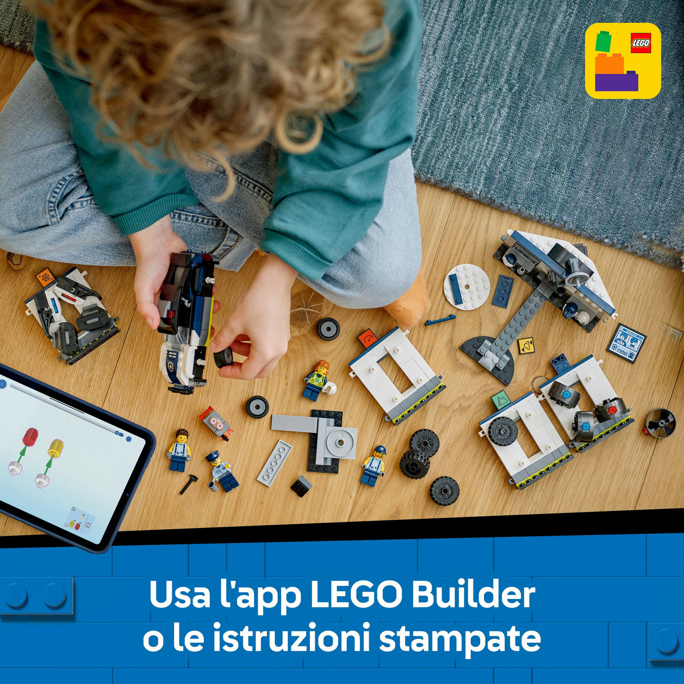 Officina delle auto della Polizia fotografia promozionale "Usa l'app LEGO Builder o le istruzioni stampate"
