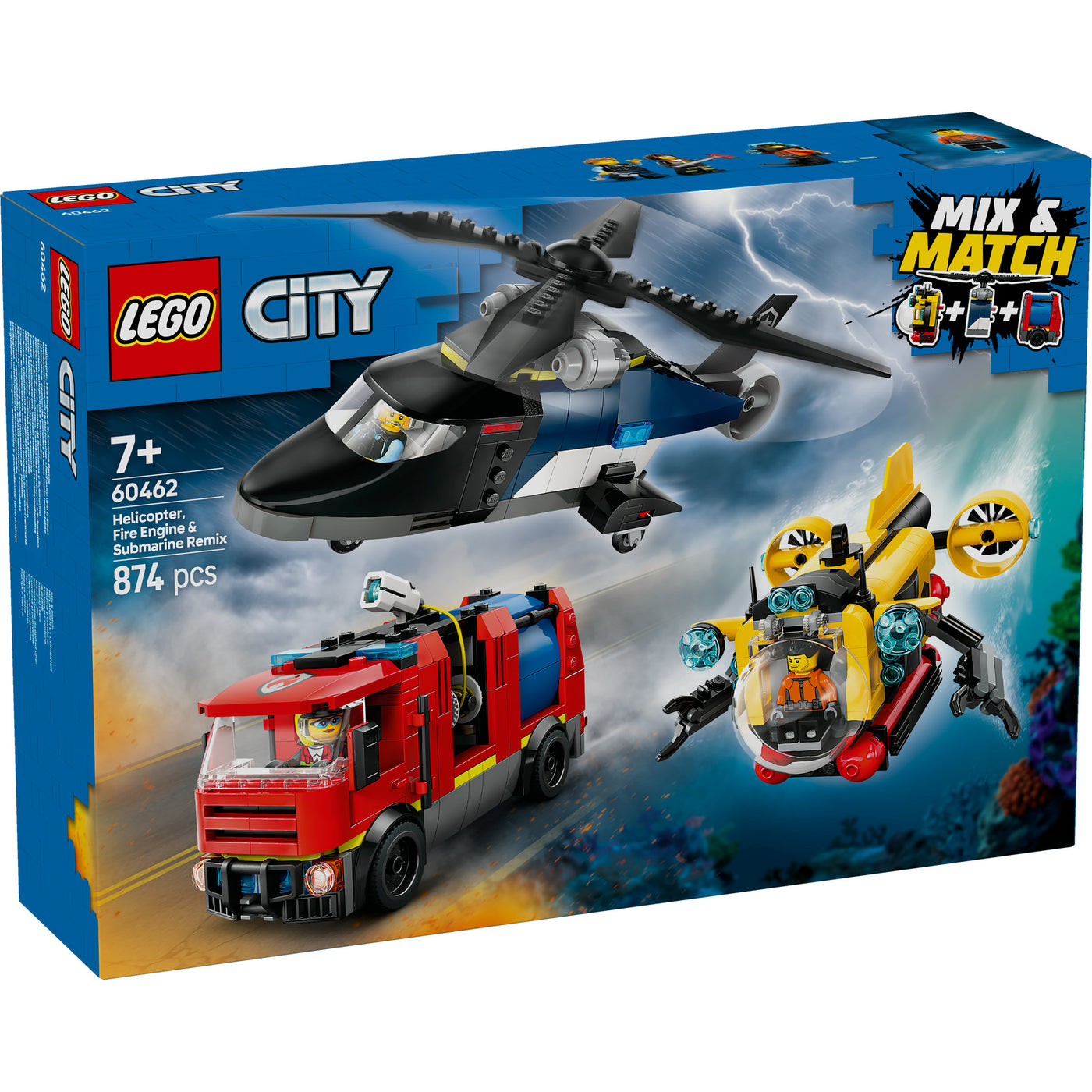 Elicottero, autopompa e sottomarino visione con prospettiva laterale della scatola del set lego