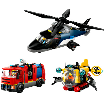 Elicottero, autopompa e sottomarino visione con prospettiva laterale del set lego completo