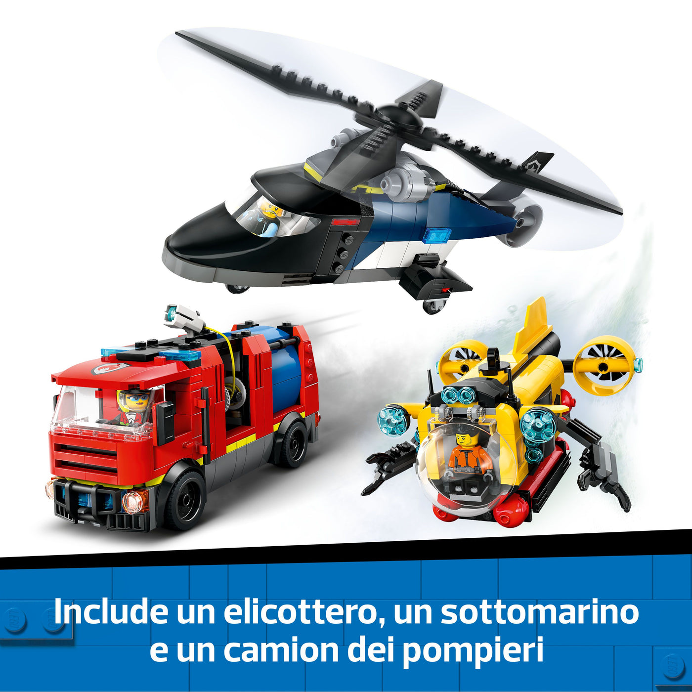 Elicottero, autopompa e sottomarino  visione dettaglio elicottero, sottomarino e camion inclusi nel set lego