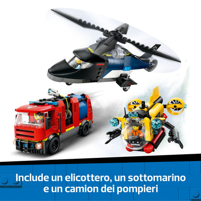 Elicottero, autopompa e sottomarino  visione dettaglio elicottero, sottomarino e camion inclusi nel set lego
