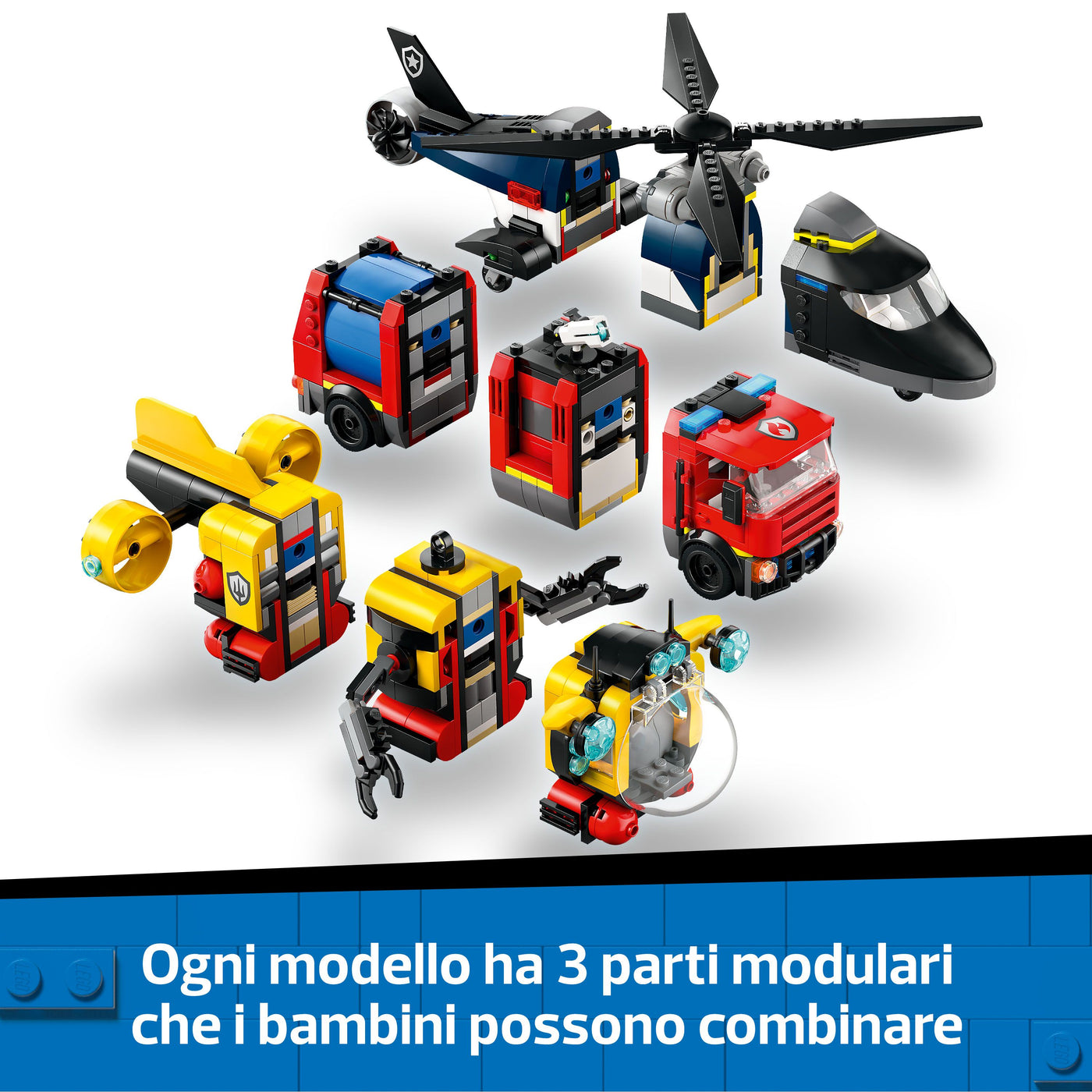 Elicottero, autopompa e sottomarino  visione dettaglio "Ogni modello ha 3 parti modulari che i bambini possono combinare"