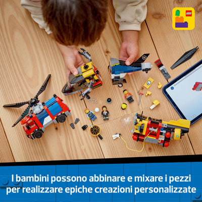 Elicottero, autopompa e sottomarino fotografia dimostrativa dell'assemblaggio del set lego "I bambini possono abbinare e mixare i pezzi per realizzare epiche creazioni personalizzate"