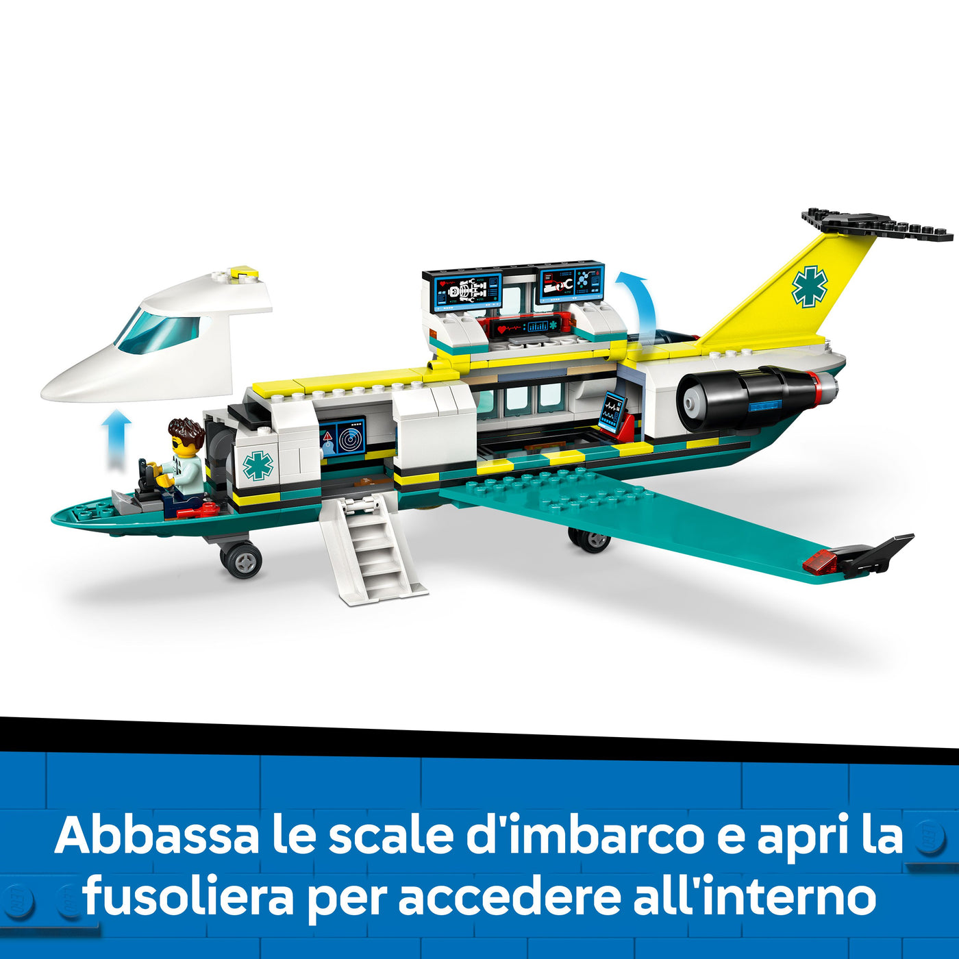 Aereo ambulanza di emergenza visione dettaglio accessorio incluso nel set lego
