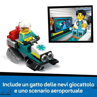 Aereo ambulanza di emergenza visione dettaglio gatto delle nevi e scenario aeroportuale