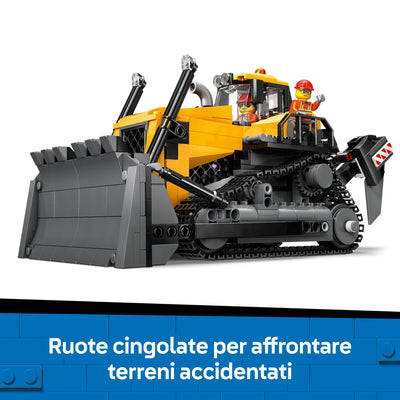 Bulldozer giallo fotografia promozionale "Ruote cingolate per affrontare terreni accidentati"