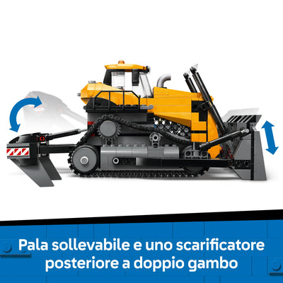 Bulldozer giallo visione dettaglio pala sollevabile e scarificatore posteriore del set lego