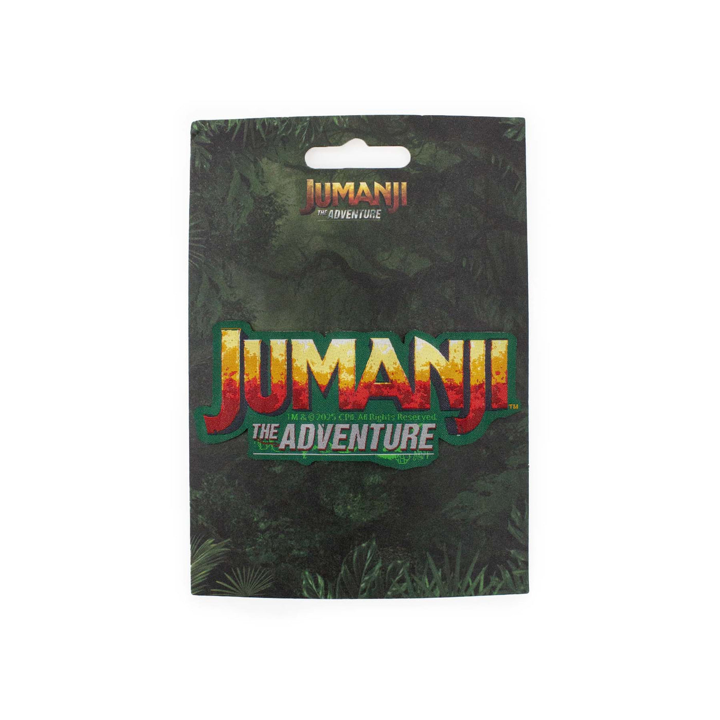 Patch Jumanji visione frontale della Patch con il logo dell'attrazione Jumanji di Gardaland Park e il cartoncino di confezionamento