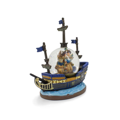 Palla Acqua Animal Treasure Island statuetta con personaggi e nave della ciurma di Nine Lives, visione con prospettiva laterale