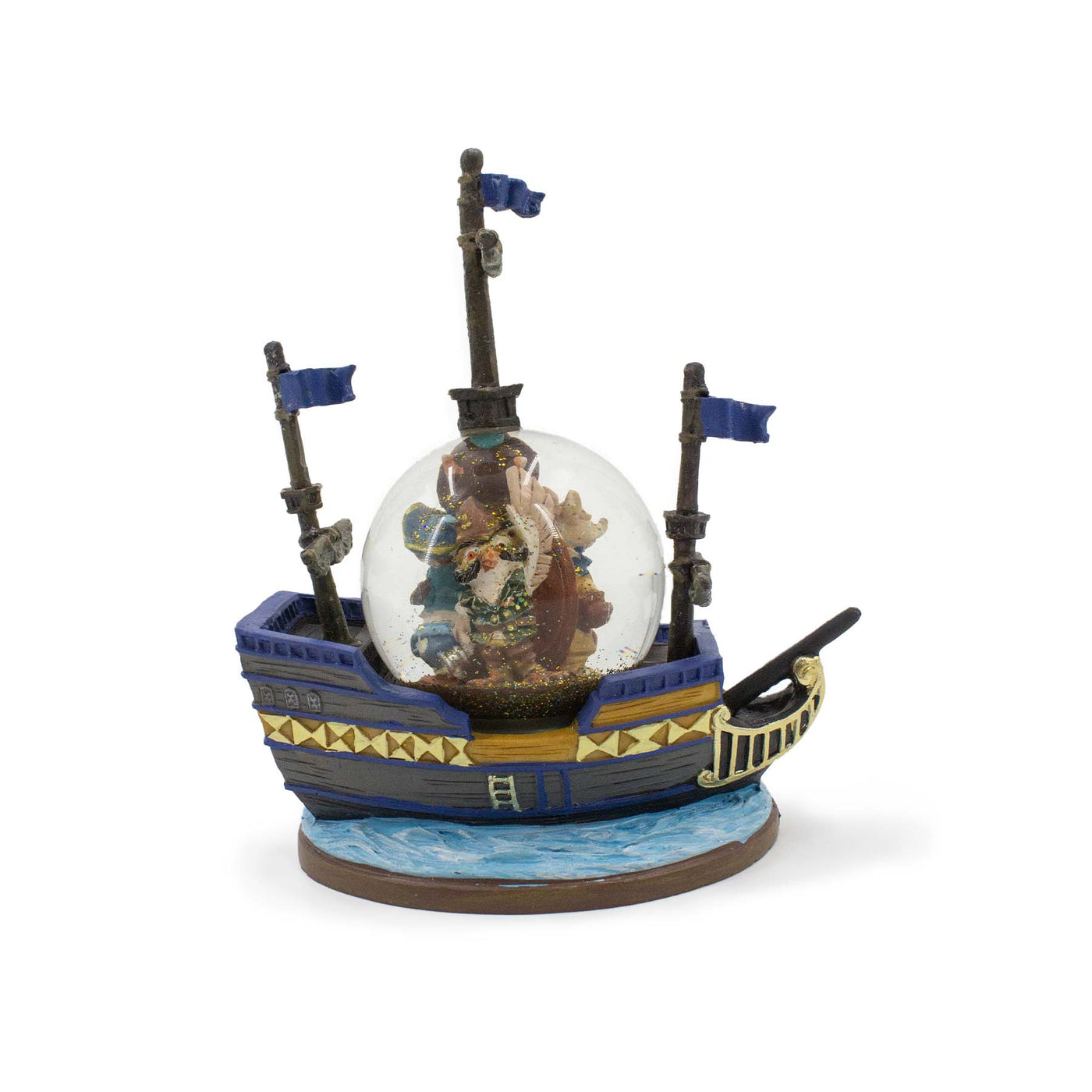 Palla Acqua Animal Treasure Island statuetta con personaggi e nave della ciurma di Nine Lives, visione retro