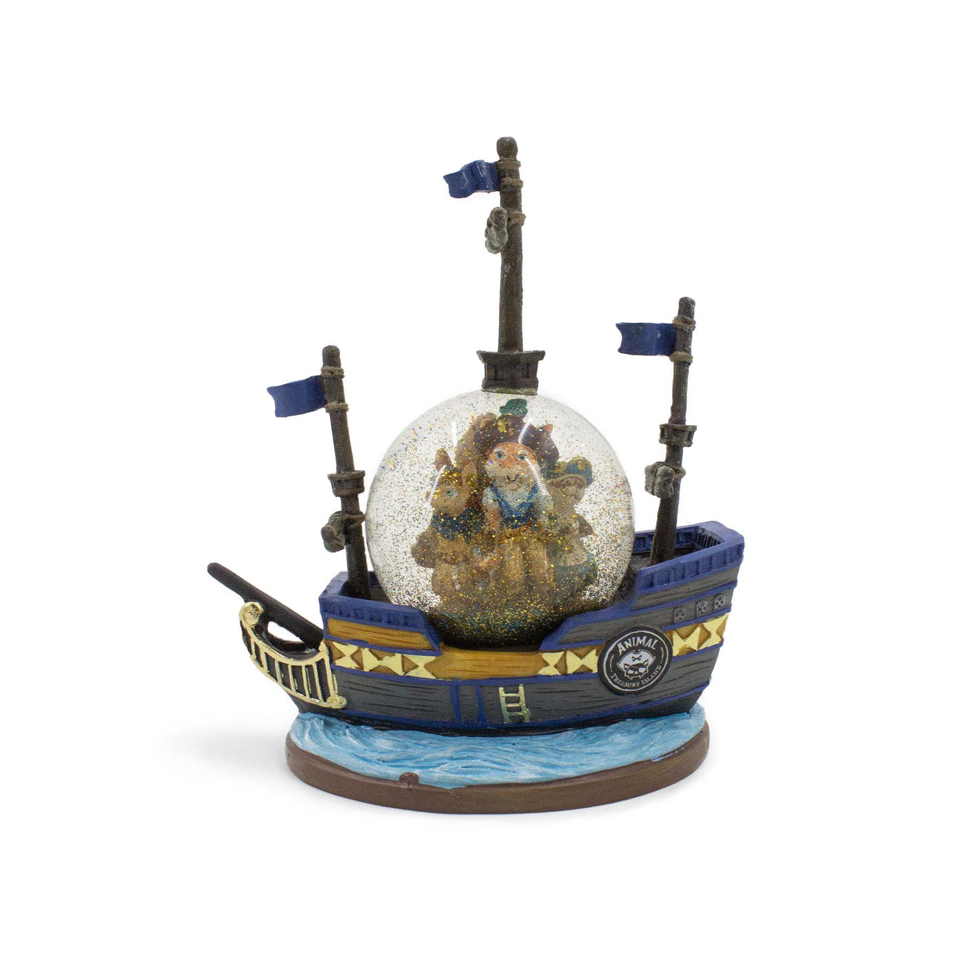Palla Acqua Animal Treasure Island statuetta con personaggi e nave della ciurma di Nine Lives, visione frontale con brillantini che volano