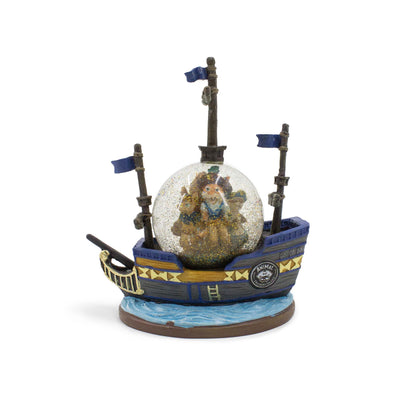 Palla Acqua Animal Treasure Island statuetta con personaggi e nave della ciurma di Nine Lives, visione frontale con brillantini che volano