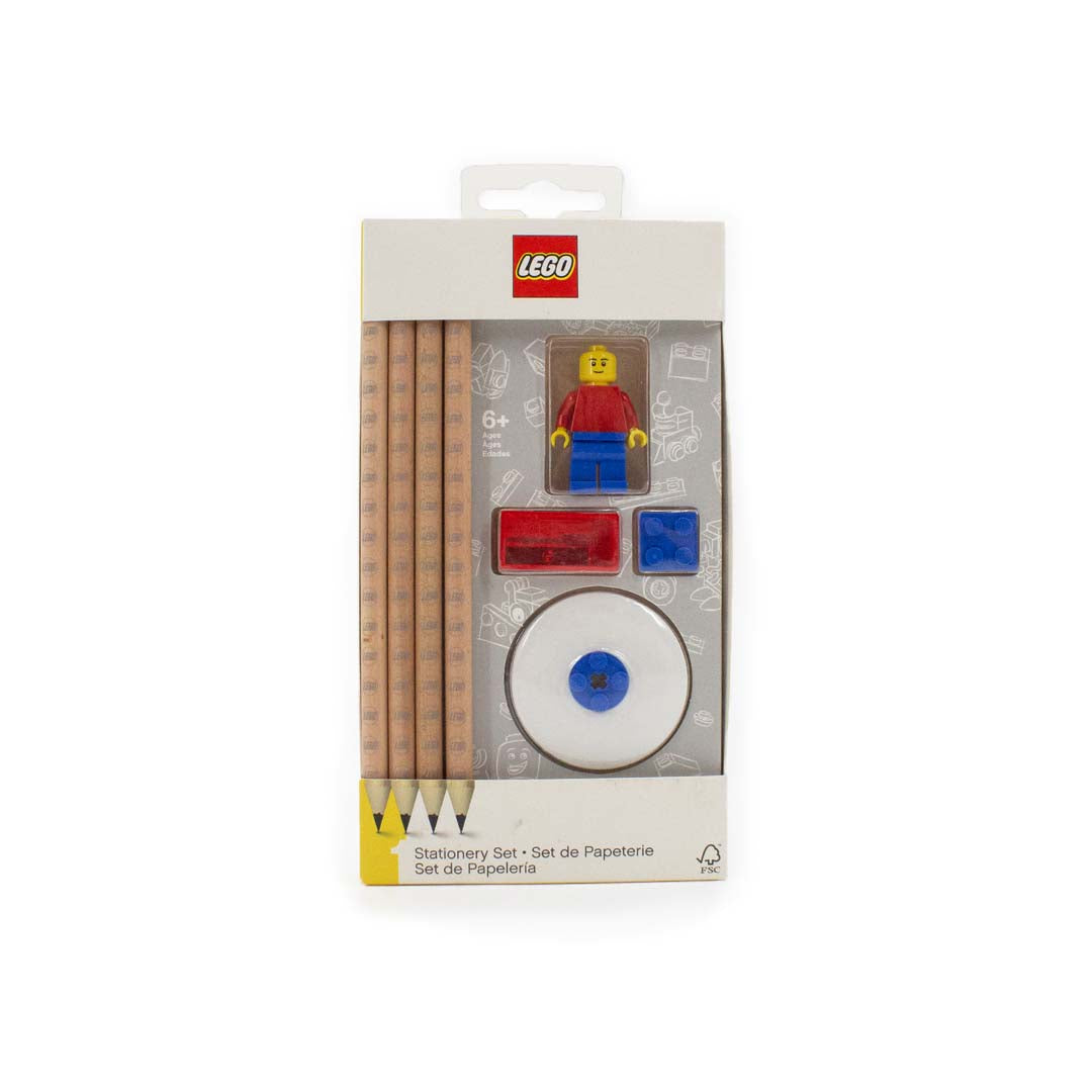 Set di Cancelleria con minifigure LEGO® visione frontale del set di matite, gomma, temperino e minifigure con confezione