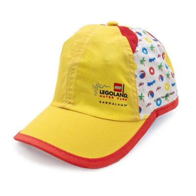 Cappello LEGOLAND® bambini visione con prospettiva laterale del cappello giallo e rosso con stampe