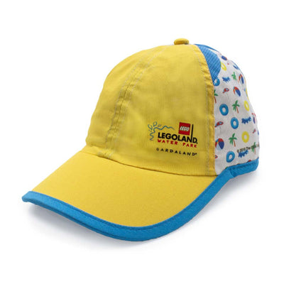 Cappello LEGOLAND® bambini visione con prospettiva laterale del cappello giallo e azzurro con stampe