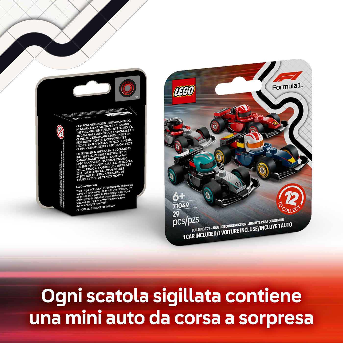 Monoposto di F1® da collezione fotografia promozionale "Ogni scatola sigillata contiene una mini auto da corsa a sorpresa"