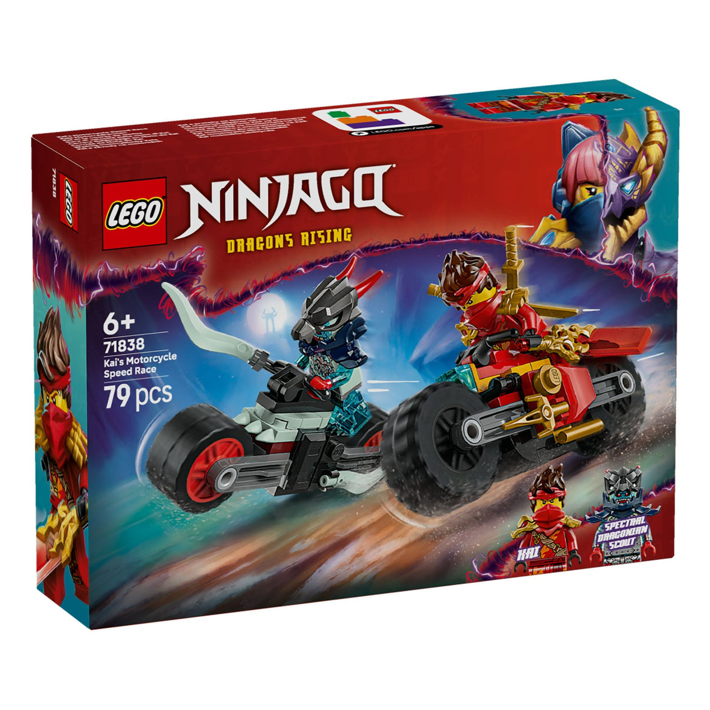 Gara di velocità sulla moto di Kai visione con prospettiva laterale della scatola del set lego 