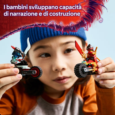 Gara di velocità sulla moto di Kai immagine promozionale con slogan "I bambini sviluppano capacità di narrazione e costruzione"