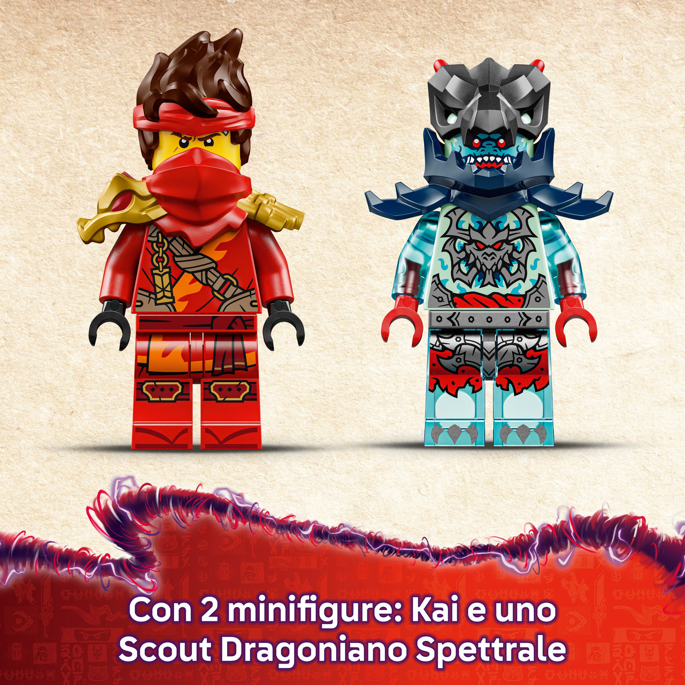 Gara di velocità sulla moto di Kai immagine promozionale minifigure con slogan "Con 2 minifigure: Kai e uno Scout Dragoniano Spettrale"