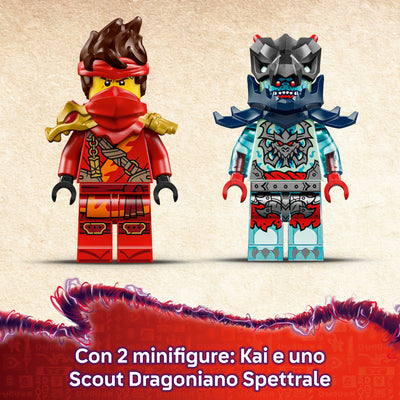 Gara di velocità sulla moto di Kai immagine promozionale minifigure con slogan "Con 2 minifigure: Kai e uno Scout Dragoniano Spettrale"