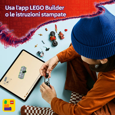 Gara di velocità sulla moto di Kai fotografia dall'alto del set lego in costruzione "Usa l'app LEGO Builder o le istruzioni stampate"