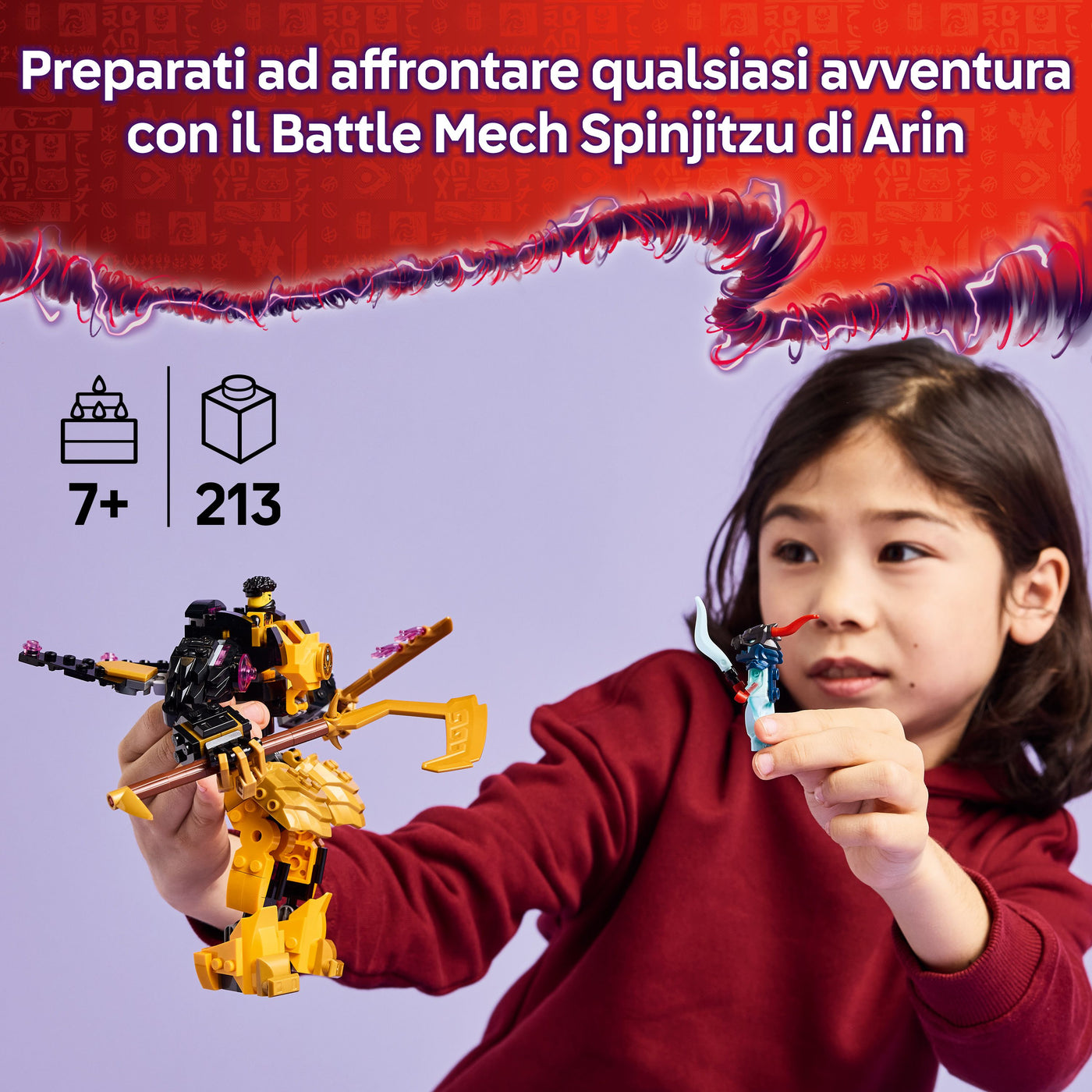 Battle Mech Spinjitzu di Arin fotograia promozionale "Preparati ad affrontale qualsiasi avventura con il Battle Mech Spinjitzu di Arin"