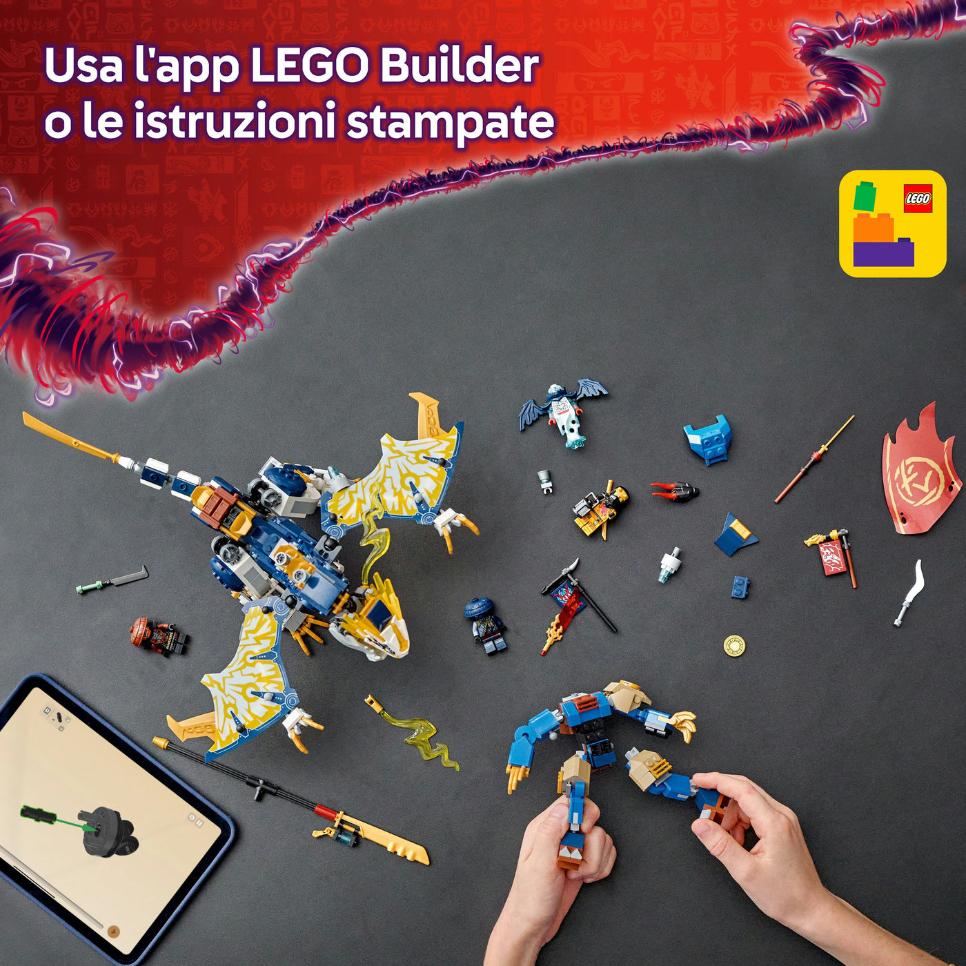 Mech cavalca-drago di Rogue fotografia dall'alto "Usa l'app LEGO Builder o le istruzioni stampate"