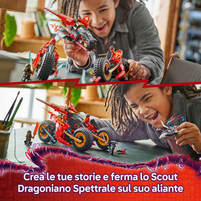 Veicolo da combattimento Ninja fotografia con due prospettive del set lego "Crea le tue storie e ferma lo Scout Dragoniano Spettrale sul suo aliante"