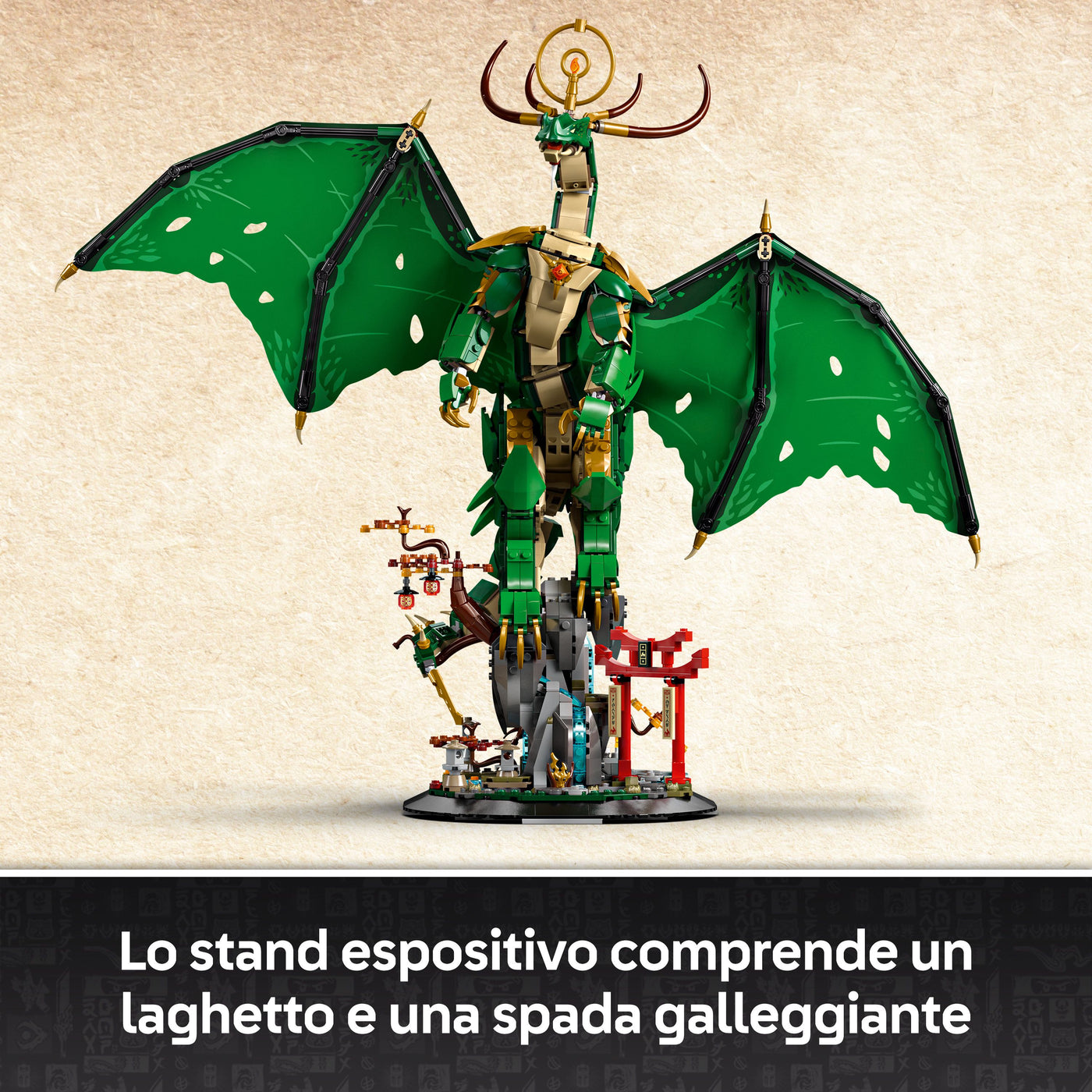 Drago-guardiano fotografia promozionale "Lo stand espositivo comprende un laghetto e una spada galleggiante"