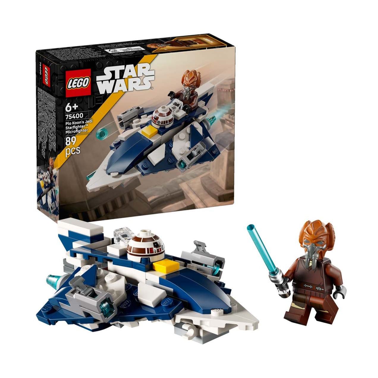 Microfighter Jedi Starfighter di Plo Koon visione con prospettiva laterale del set lego costruito e della scatola