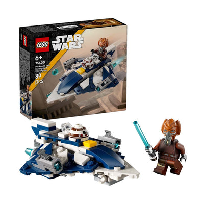 Microfighter Jedi Starfighter di Plo Koon visione con prospettiva laterale del set lego costruito e della scatola