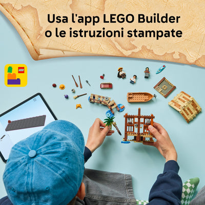 La capanna del Villaggio Foosha fotografia dall'alto del set lego in costruzione "Usa l'app LEGO Builder o le istruzioni stampate"